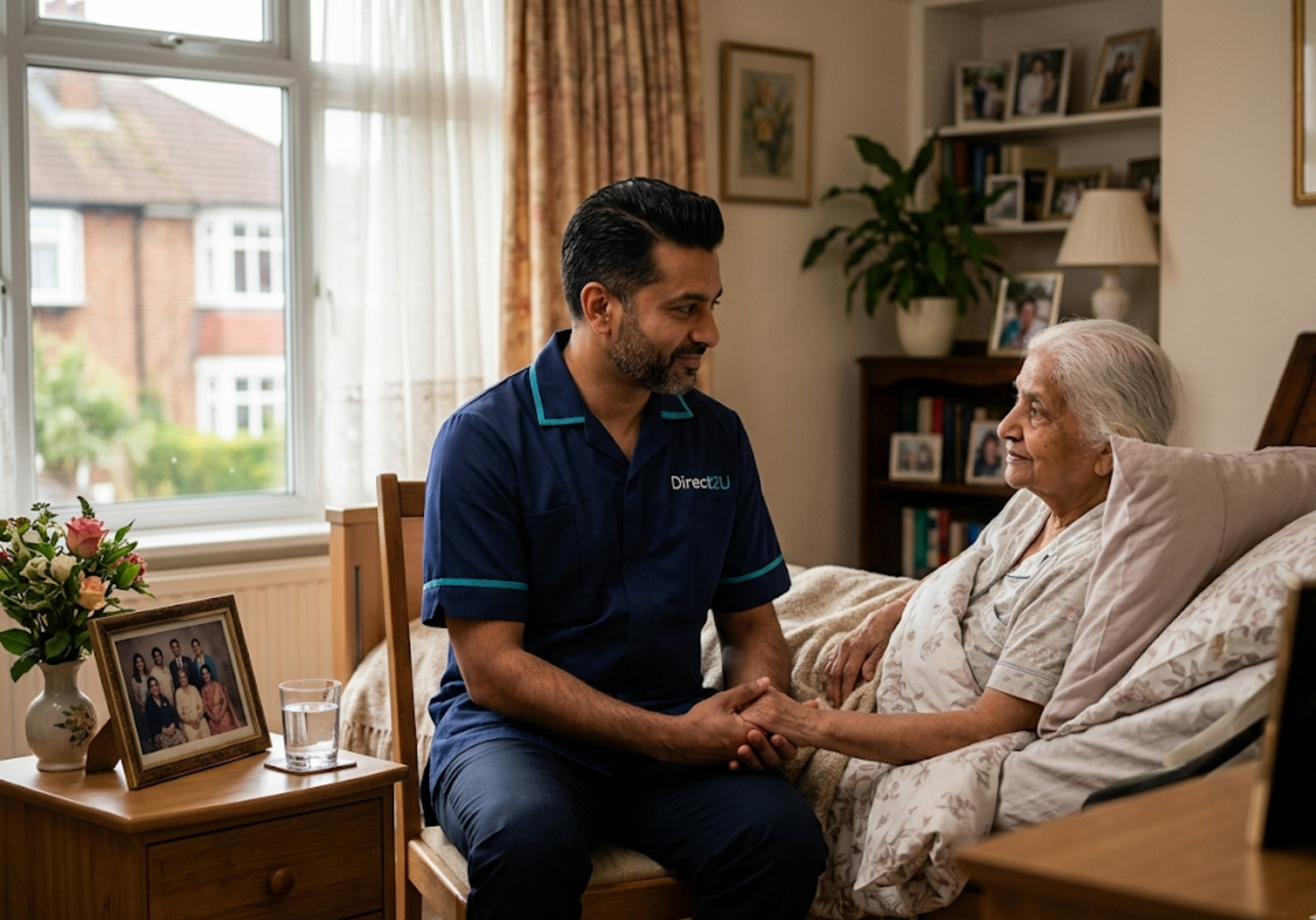 Direct2U palliative care worker sitting attentively with an elderly client in her home in North London - compassionate end-of-life care